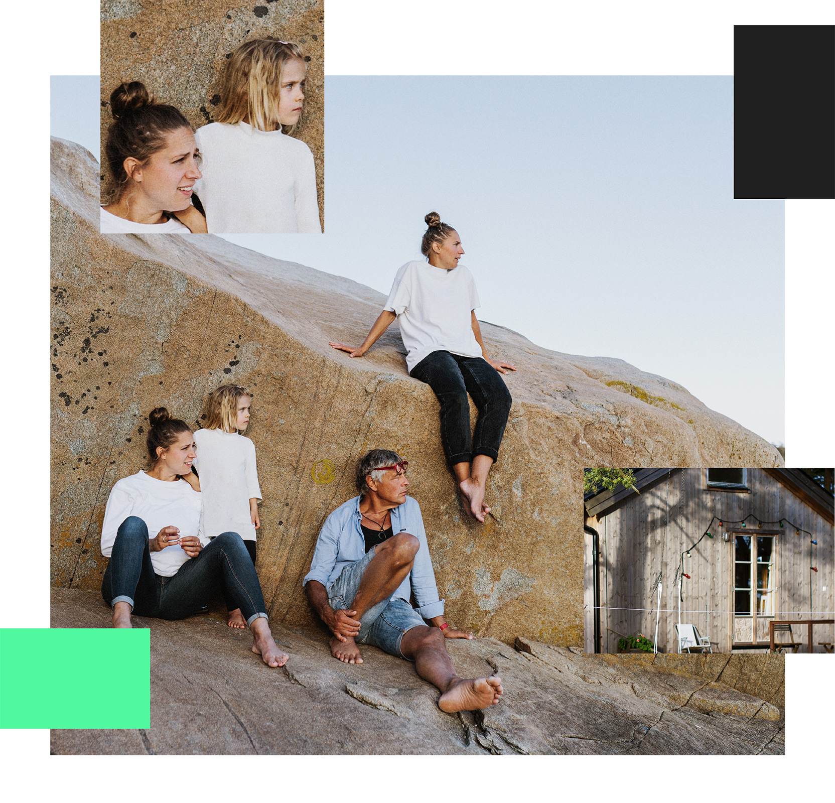 En familj sitter ute på ett klippblock på sommaren och tittar på utsikten. Det är en familj på fyra som är klädda i jeans och ljusfärgade tröjor.